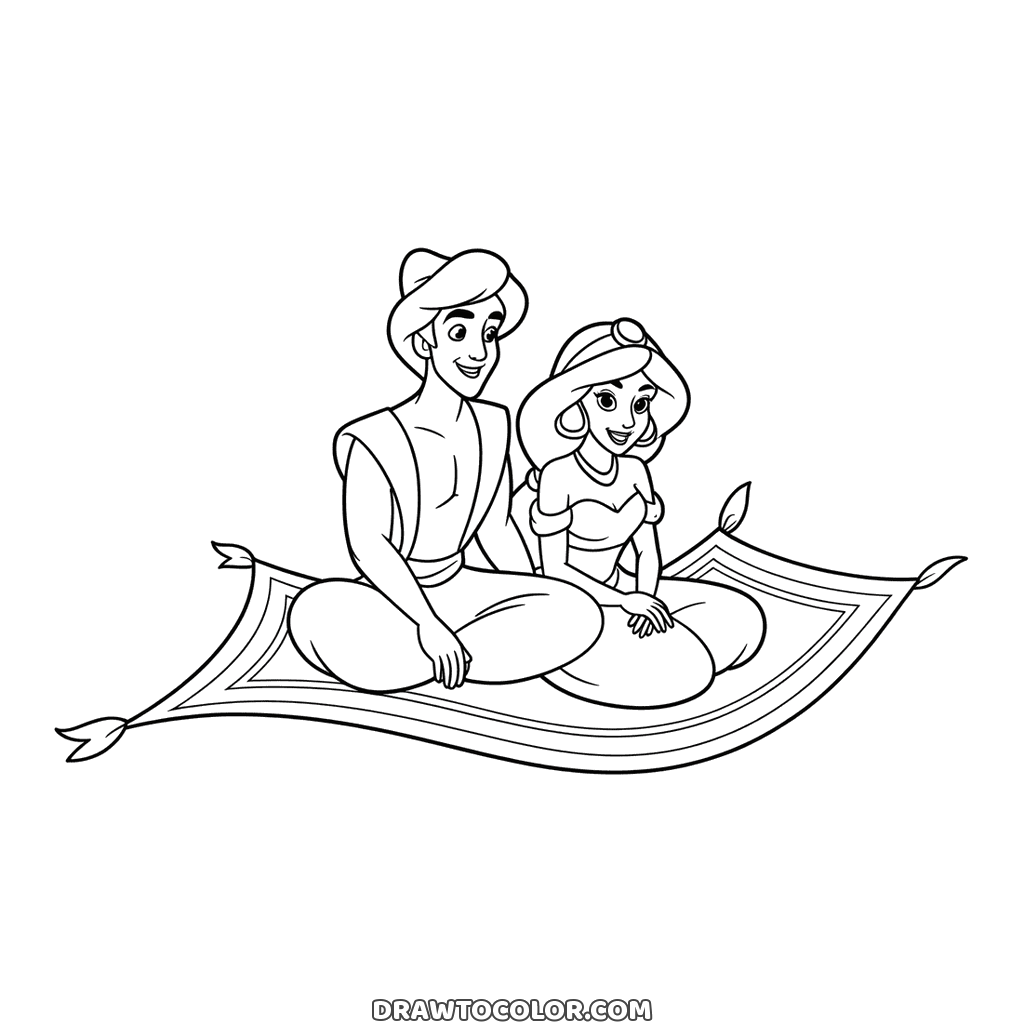 Aladdin and Jasmine sitting together on the magic carpet with tassels at each corner, a coloring page