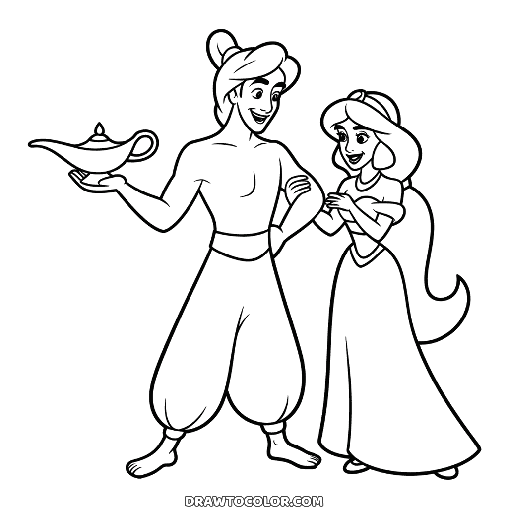 Aladdin showing the magic lamp to Jasmine, a printable coloring page with her ponytail and his baggy pants