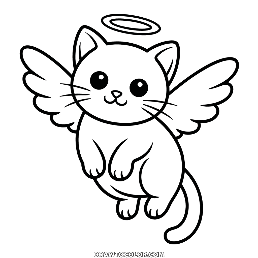Easy drawing of a chubby cat with feathered wings floating in the air under a round halo