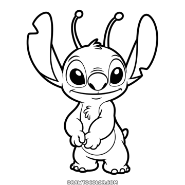 Angel aus Lilo und Stitch steht schüchtern mit zwei Fühlern und gefalteten Händen, ein süßes Ausmalbild