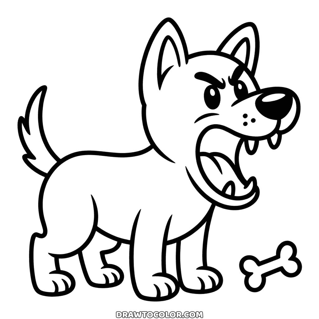 Perro enfadado con colmillos y la boca muy abierta junto a un hueso, dibujo para colorear divertido
