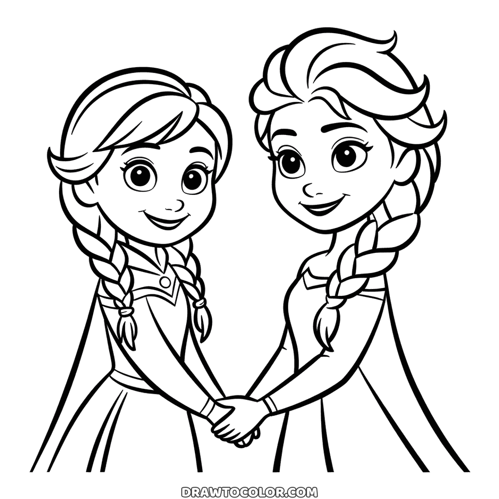 Printable Frozen sisters, Anna and Elsa holding hands and smiling, Anna with her pigtail braids