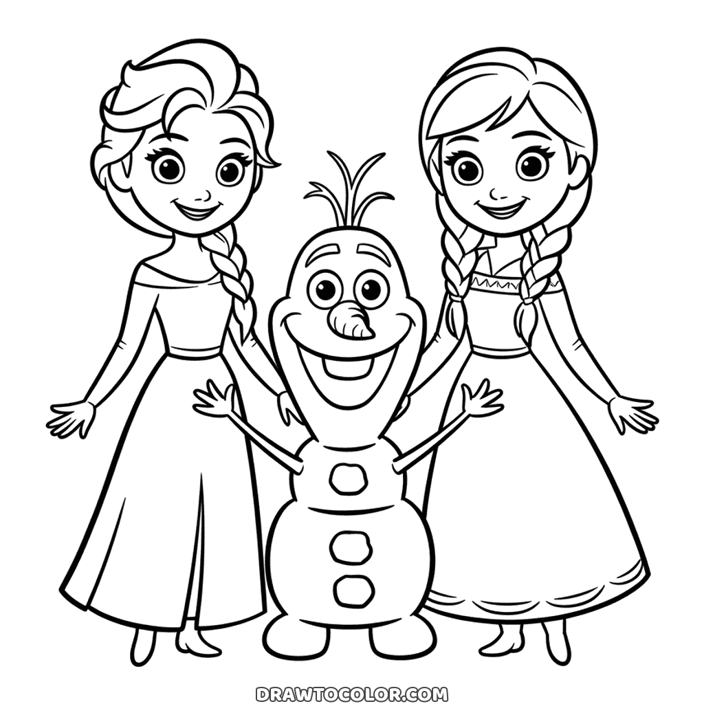 Olaf with his arms up between Elsa and Anna, a Frozen coloring page of the three friends smiling