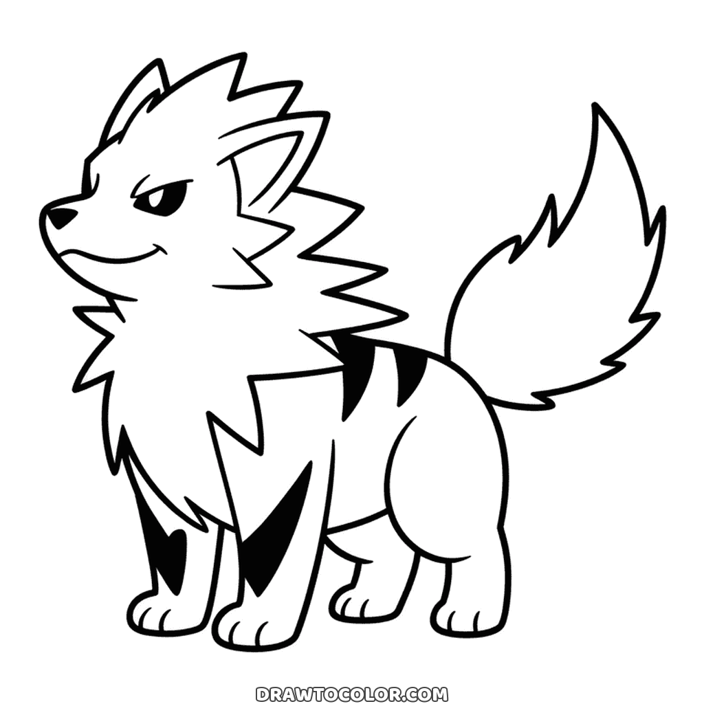 Drawing of Arcanine, the fire Pokémon, standing proudly with a fluffy mane, stripes and a bushy tail
