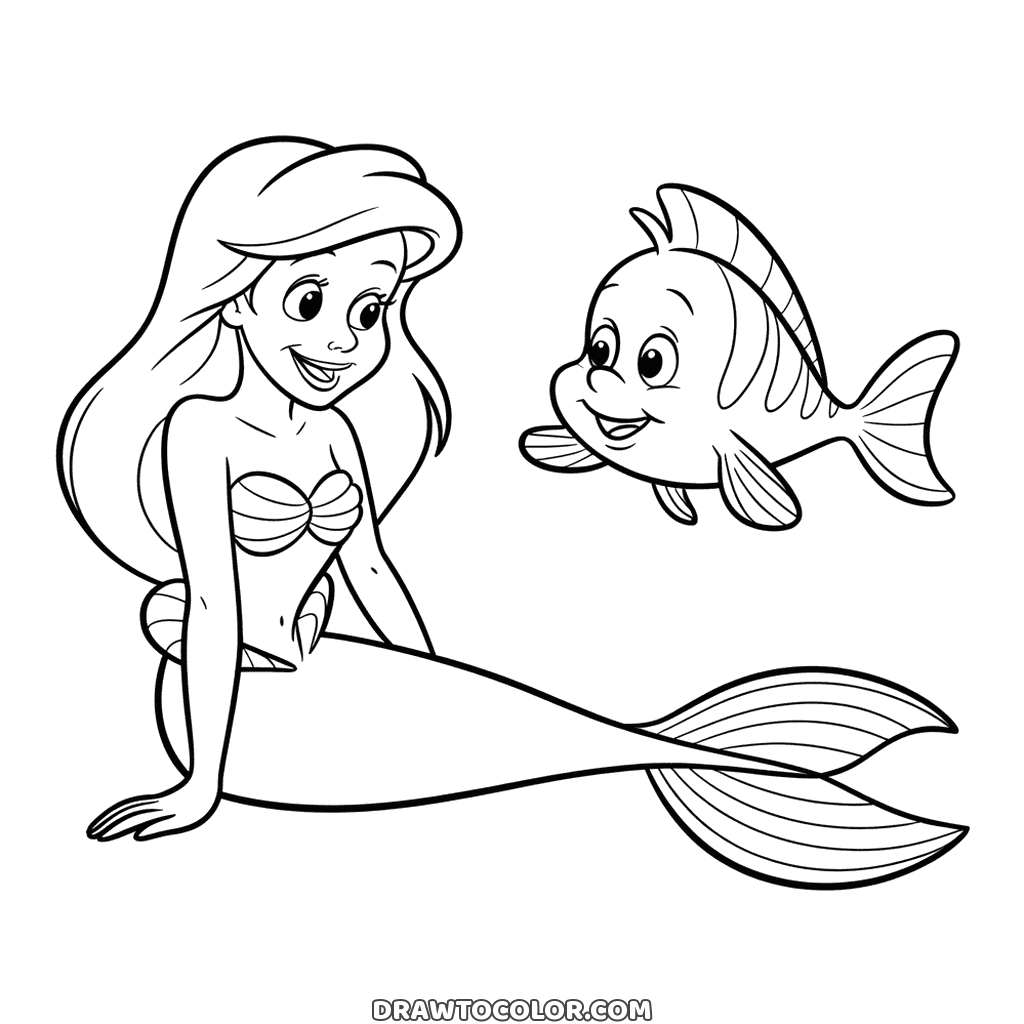 Ariel propped on her arm, tail stretched out, smiling at Flounder: a Little Mermaid scene to color