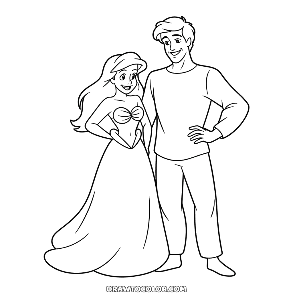 Prince Eric with a hand on his hip next to Ariel in a long flowing gown, a Little Mermaid coloring sheet