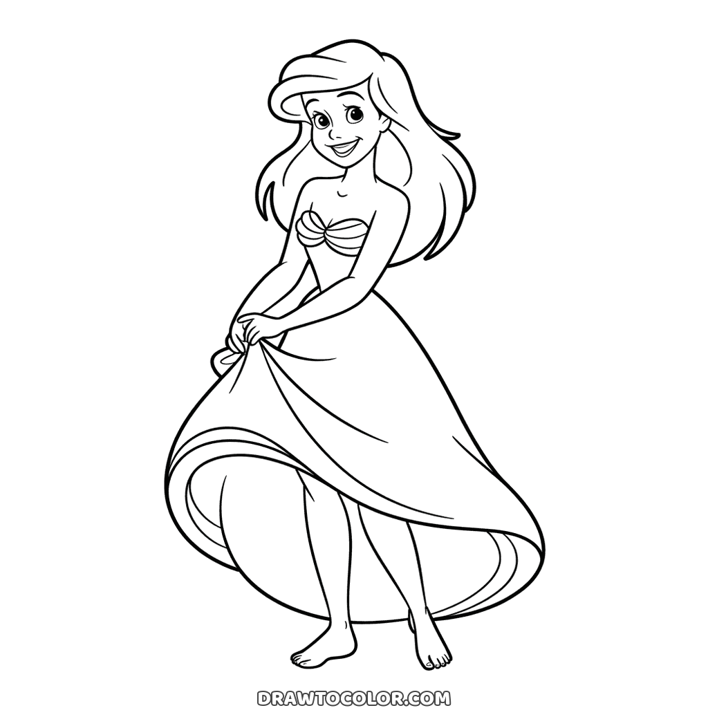 Ariel with human legs, a printable of the mermaid lifting the hem of her long skirt, barefoot
