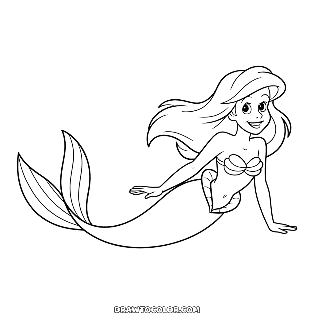 Little Mermaid lying along her tail, propped on her hands with her hair swept back, an easy drawing