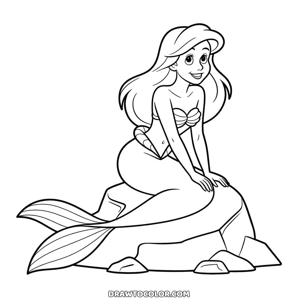 Drawing to color of Ariel perched on a large rock, tail fin curling down beside the smaller stones