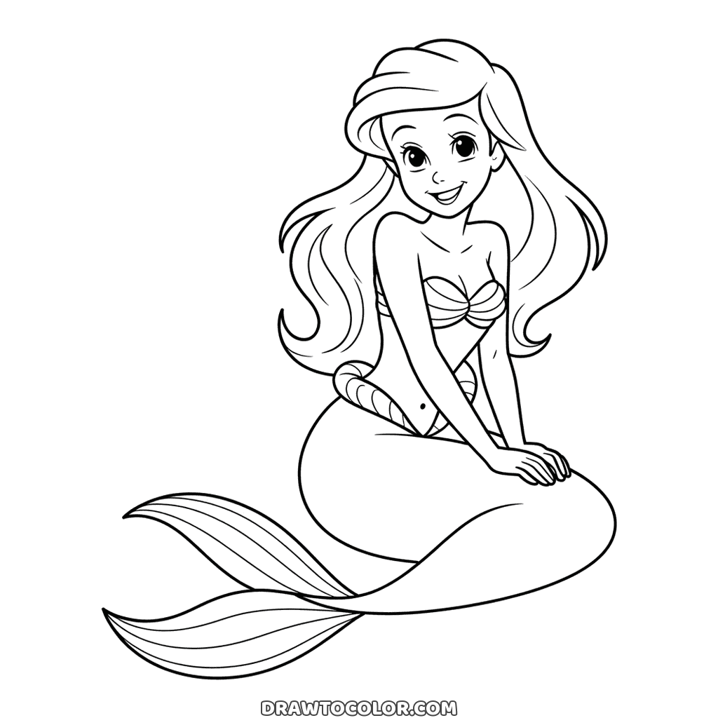 Ariel coloring page: the Little Mermaid sits on her curled tail, hands resting on it, hair loose