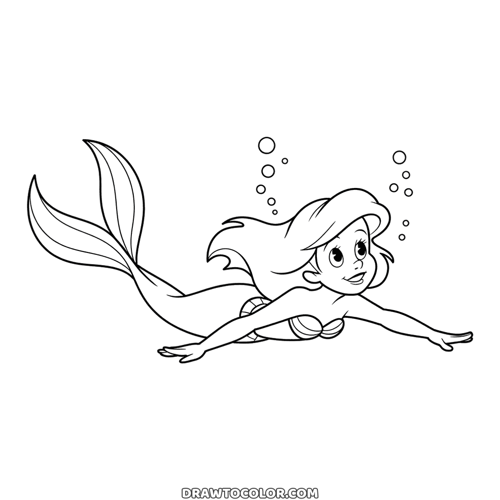 Ariel swimming with arms spread wide and bubbles rising around her head, a Little Mermaid coloring page