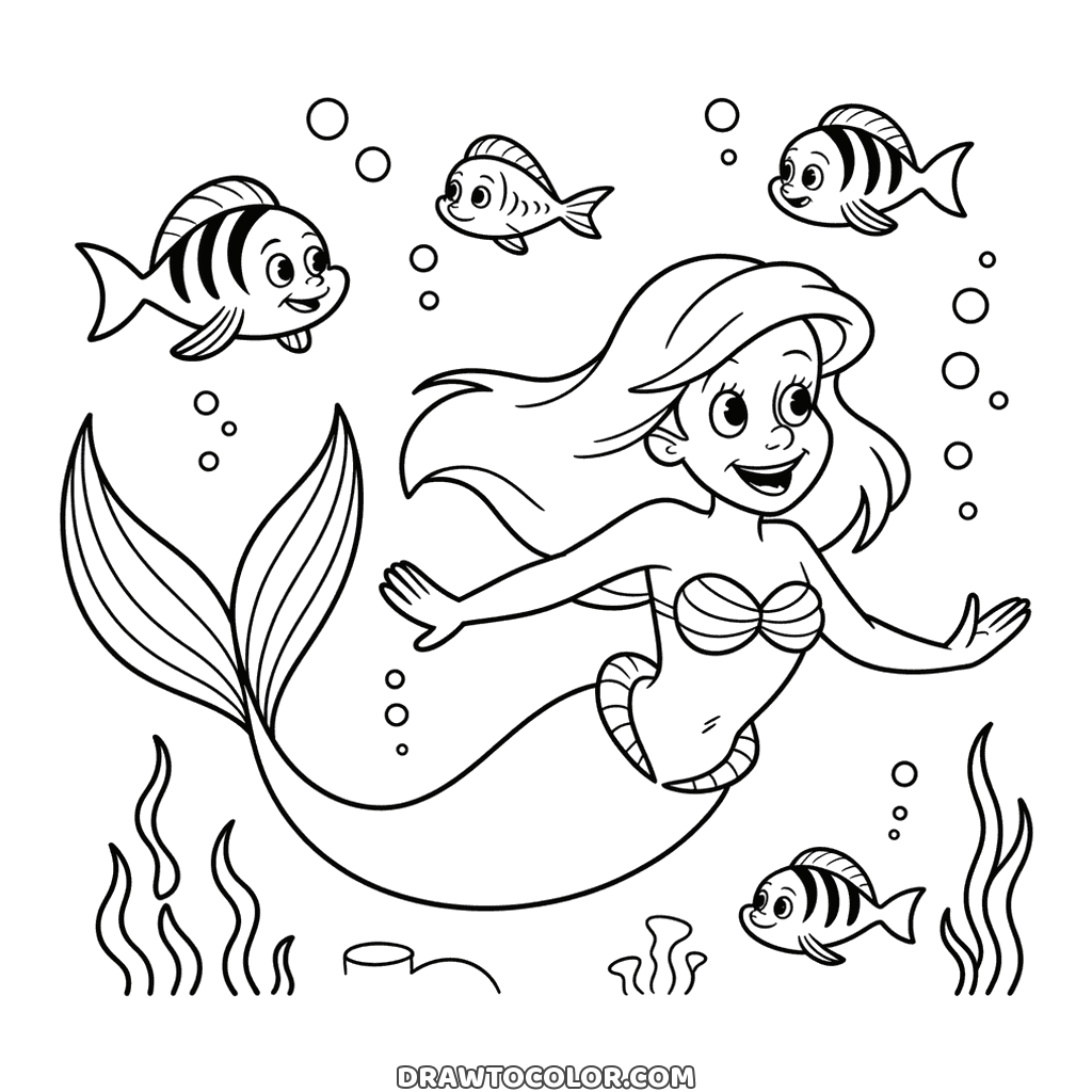 Printable coloring page of Ariel under the sea, swimming among striped fish, bubbles and seaweed