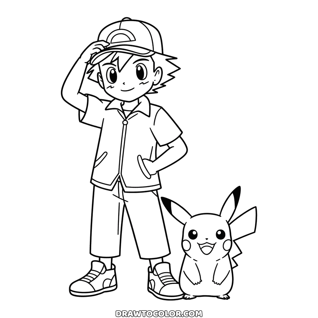Pokémon kleurplaat van Ash die zijn pet aantikt, hand in zijn jaszak, met een vrolijke Pikachu ernaast
