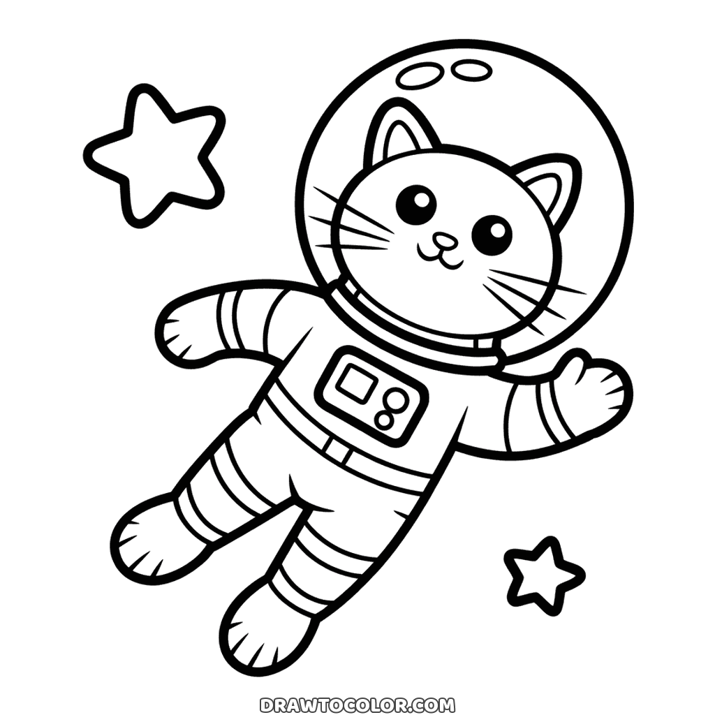 Astronaut cat floating among the stars in a striped space suit and a round helmet, drawing to color