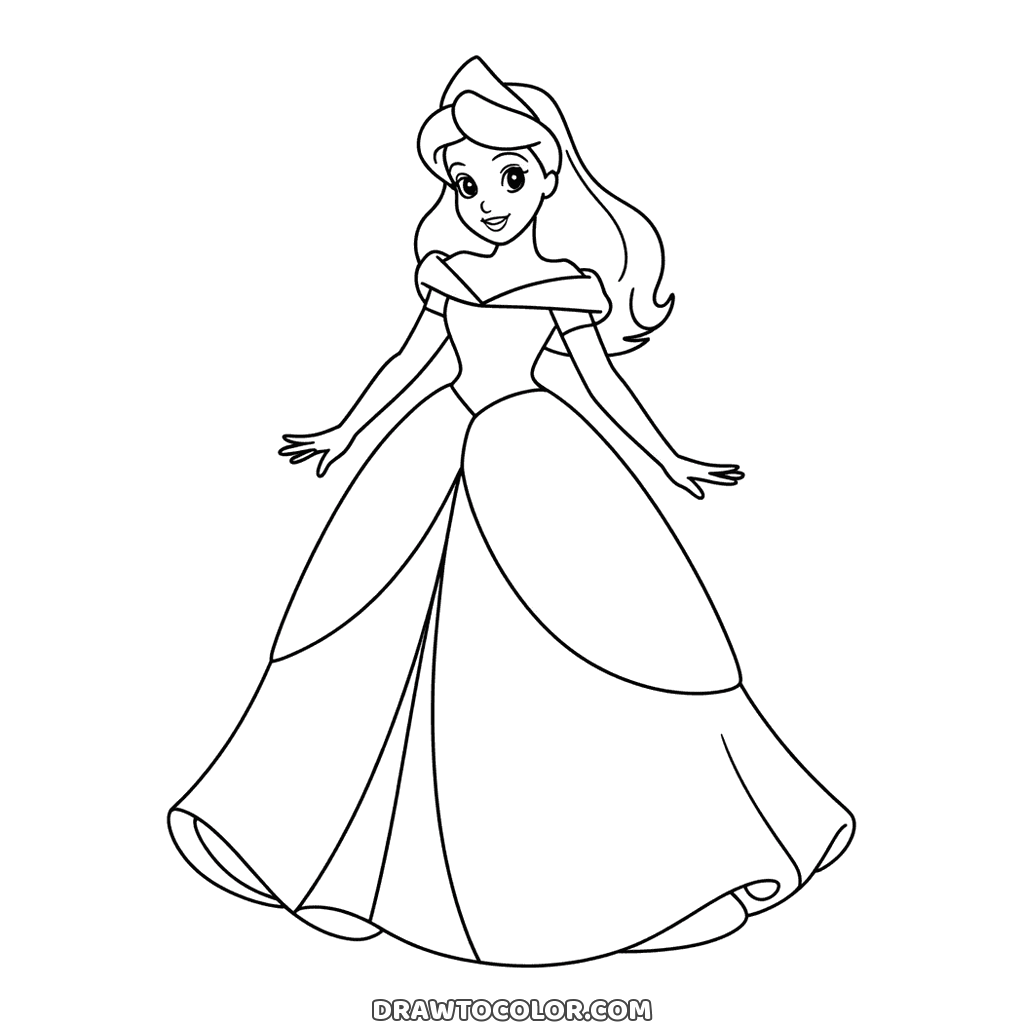 Smiling princess in a full ball gown to color, long wavy hair over her shoulders and a folded collar