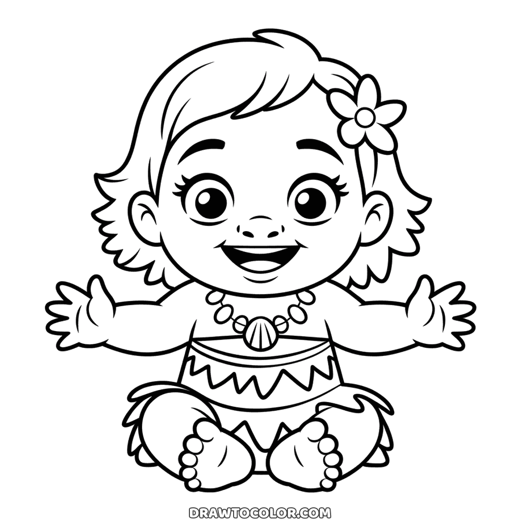 Baby Moana with a flower in her hair, a printable of her sitting with open arms and a shell necklace