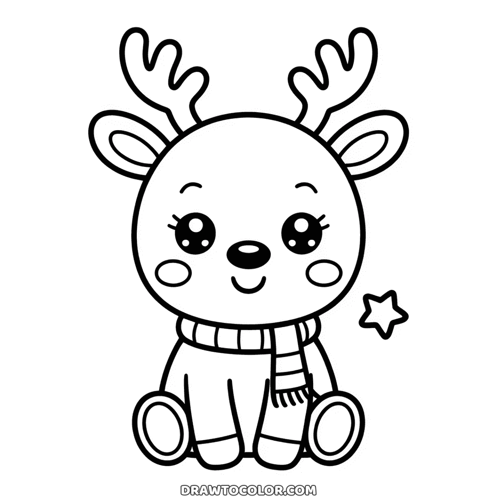Color this baby reindeer for Christmas: a knitted scarf, big shiny eyes and small antlers