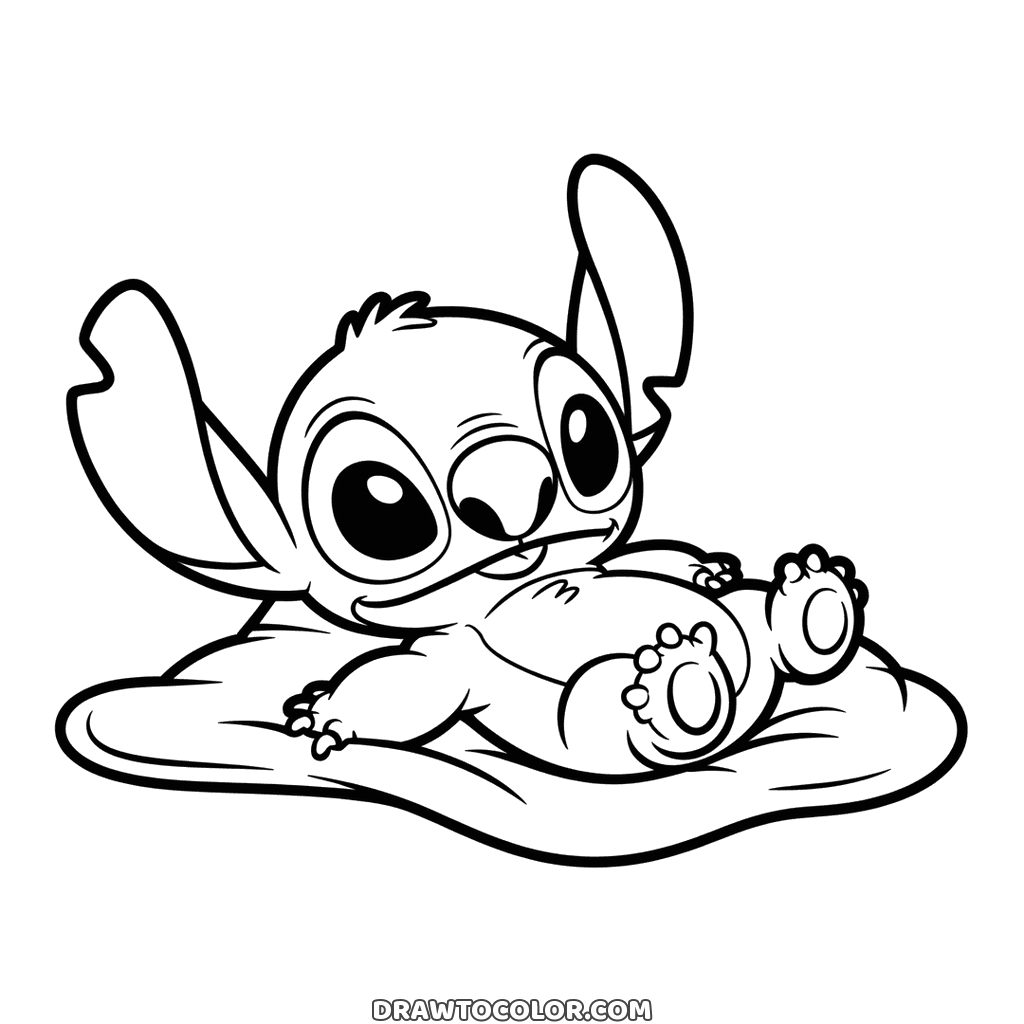 Stitch bebê deitado de costas num cobertor macio, pés redondos para cima, desenho fofo para colorir