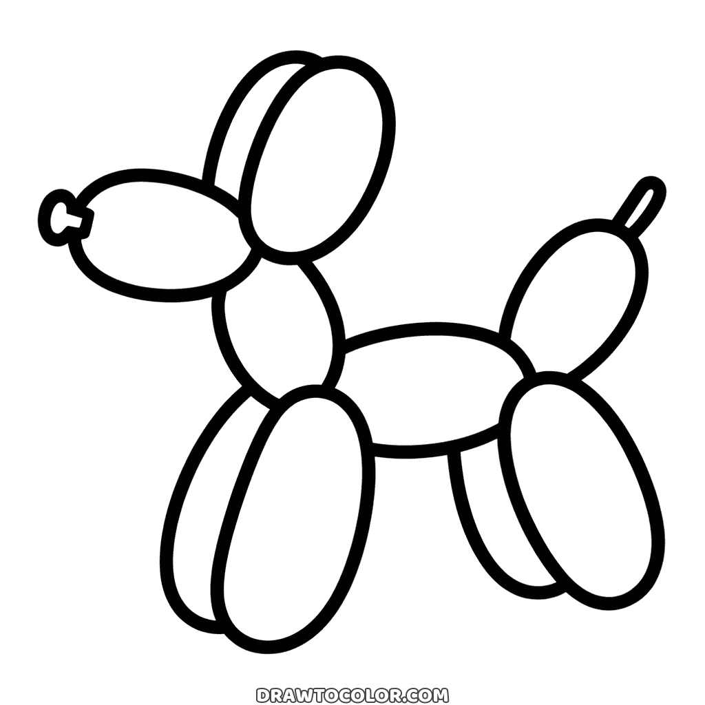 Figura de perro hecha con globos alargados, un dibujo para imprimir y repartir en una fiesta infantil