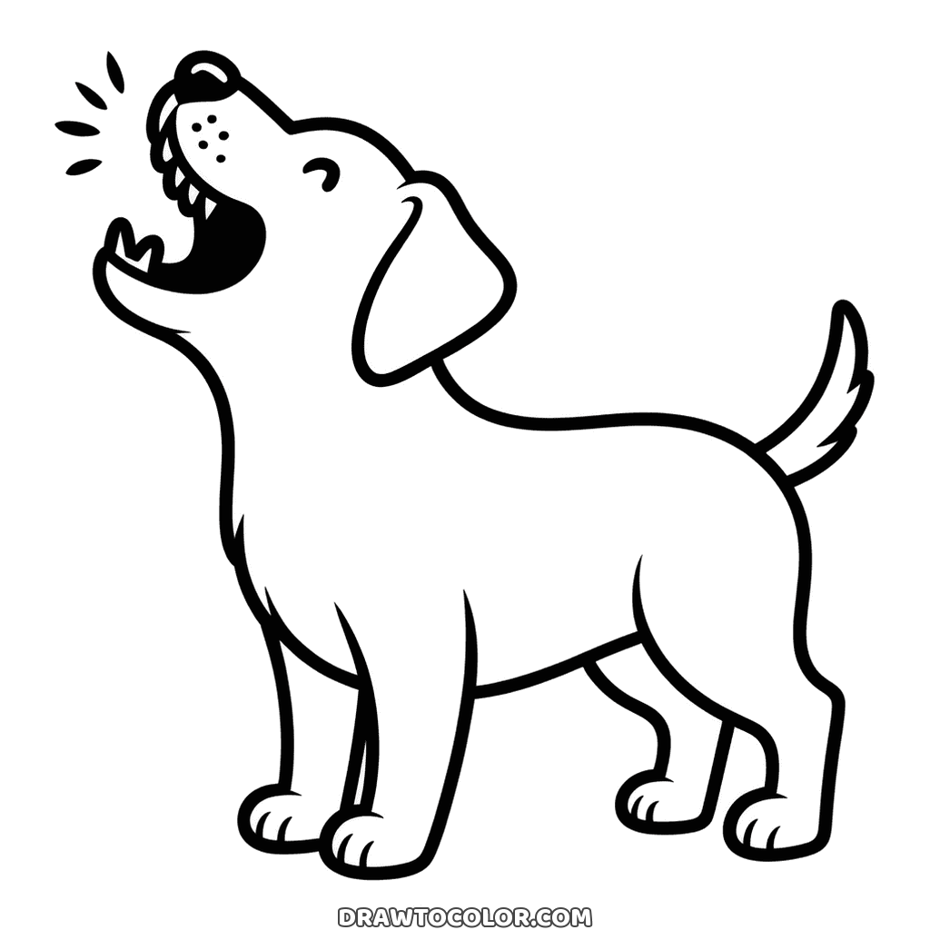 Perro que ladra con la cabeza hacia atrás y el hocico abierto, entre rayitas de ruido, para colorear