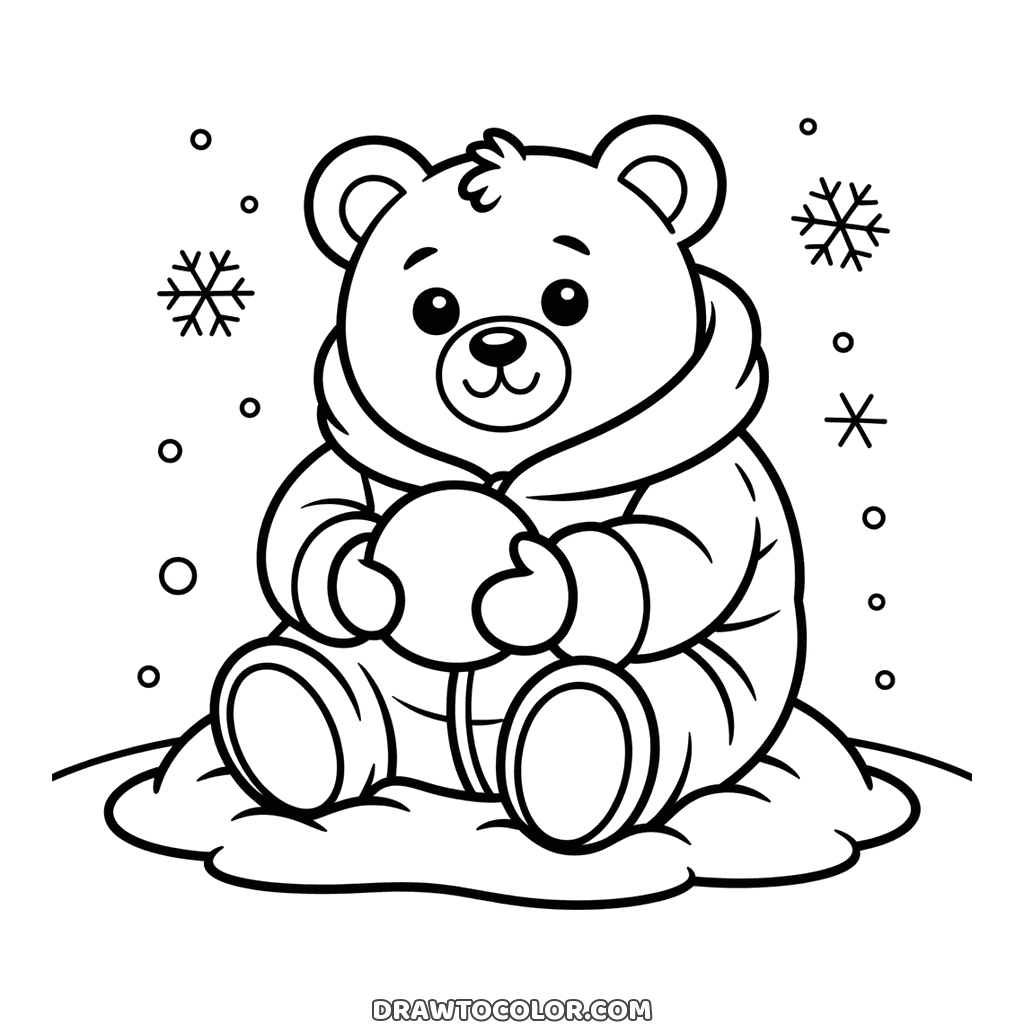 Osito tierno con abrigo de invierno y una bola de nieve en las patas, fácil de colorear