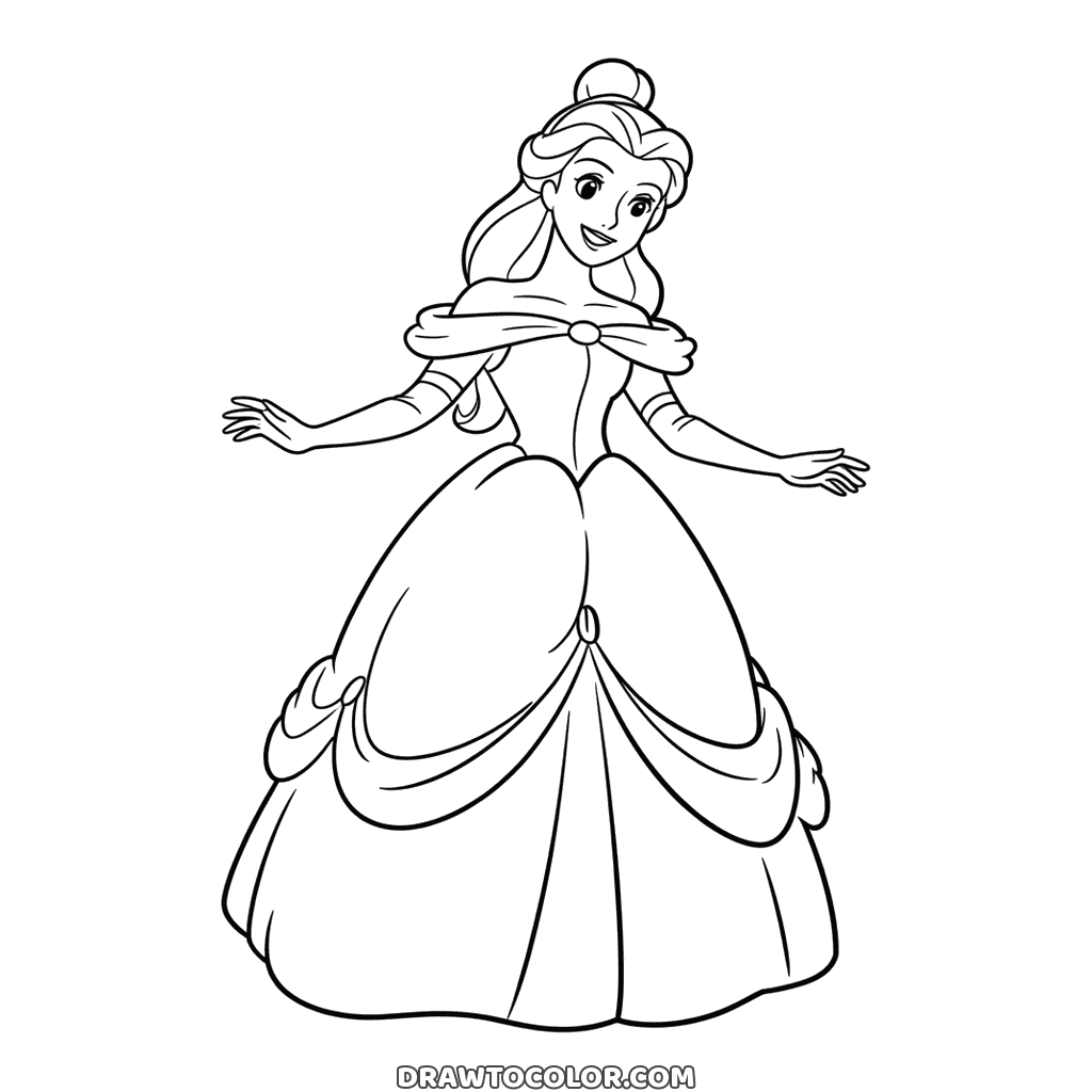 Belle in her layered ball gown, a coloring page with long gloves, an off-shoulder neckline and draped swags