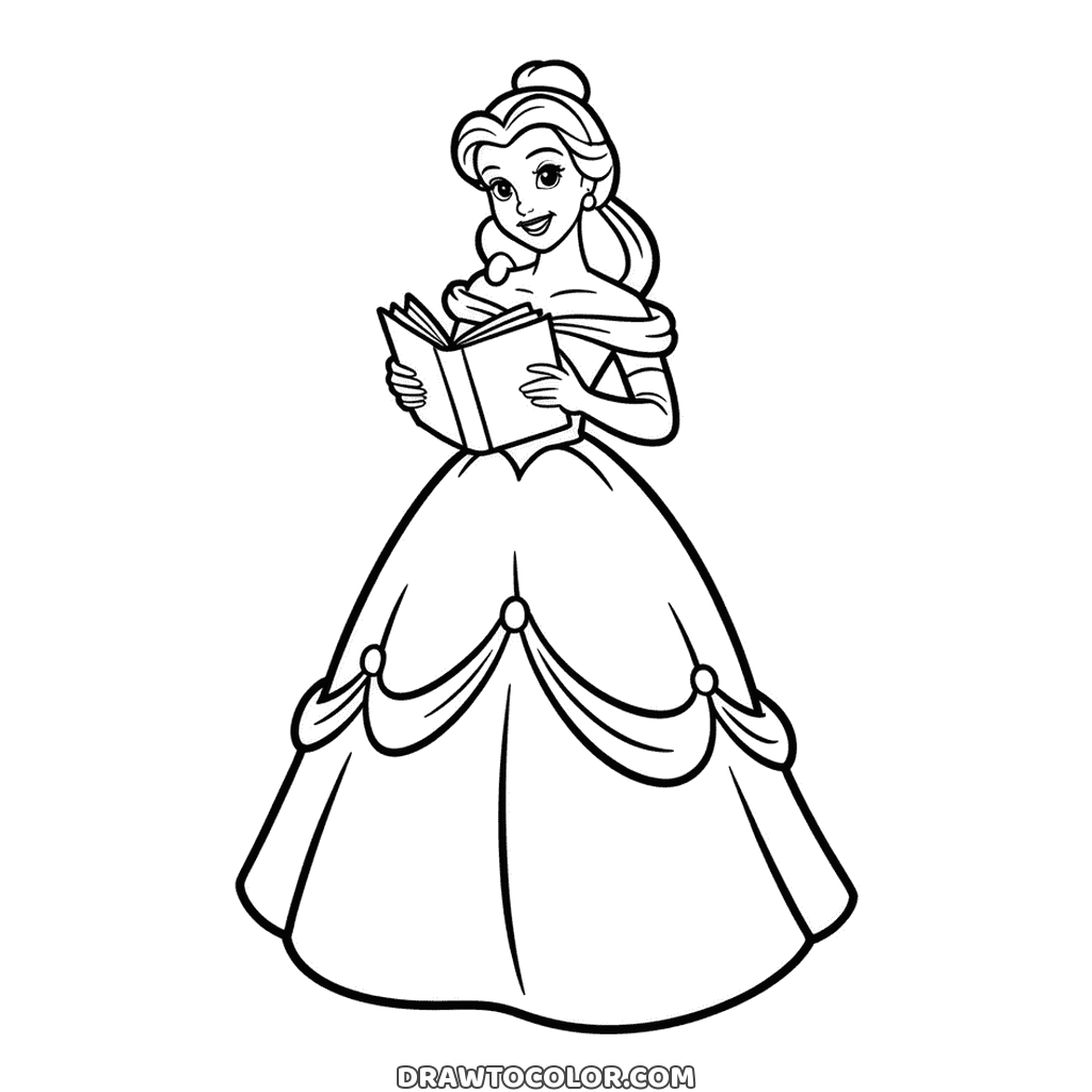 Belle reading a book in her ball gown, a drawing to color with a bun, earrings and a draped skirt