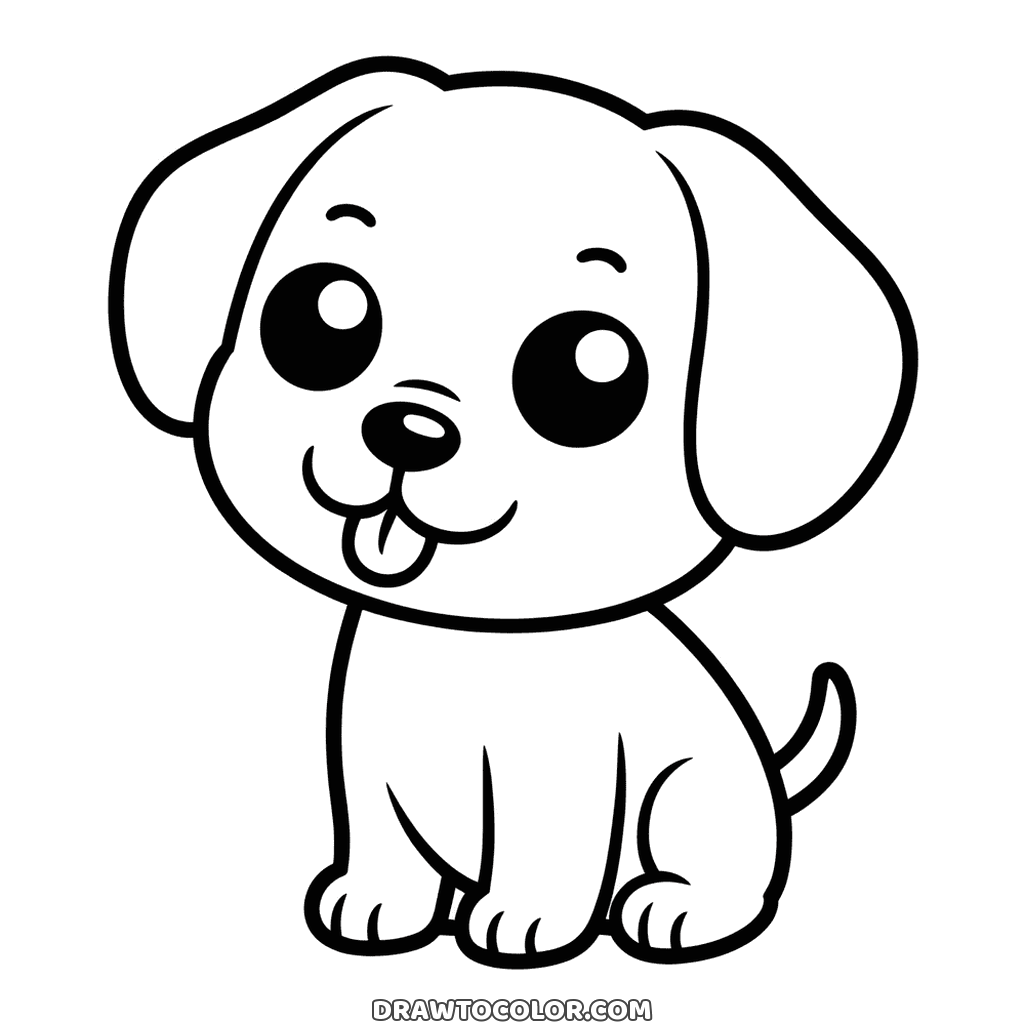 Cachorro tierno de ojos enormes y orejas caídas, sentado con la lengua fuera, dibujo para colorear