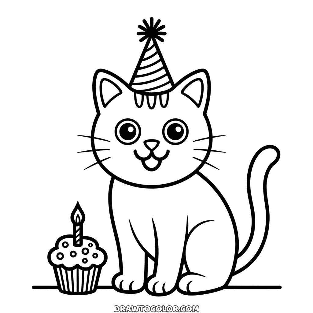 Birthday kitten in a party hat sitting beside a cupcake with one candle, coloring sheet