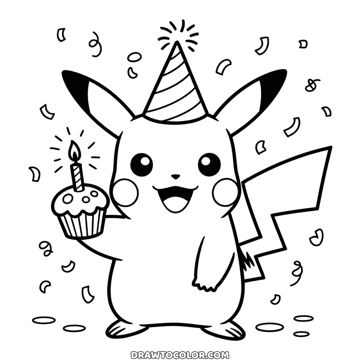 Birthday Pikachu in a striped party hat holding a cupcake with a lit candle, confetti around, to color