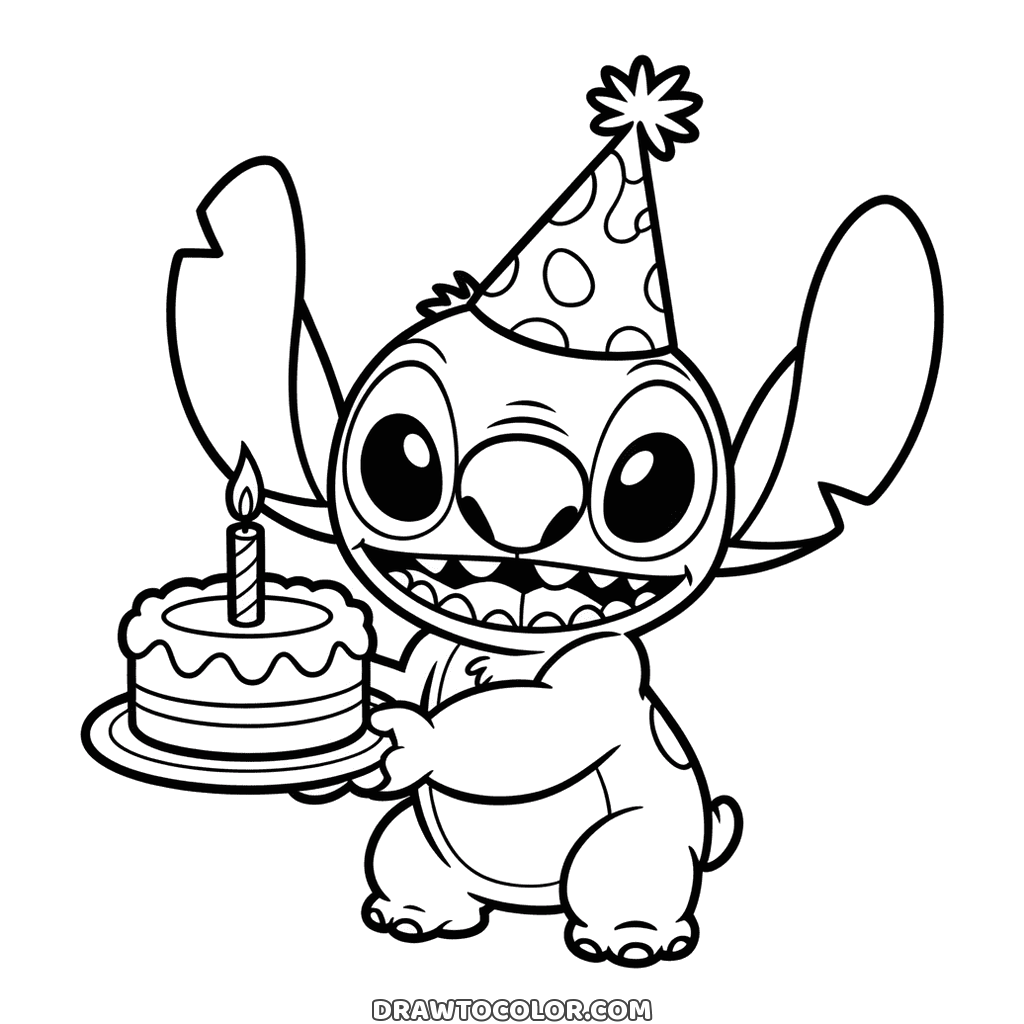 Geburtstags-Stitch mit gepunktetem Partyhut und Torte mit Kerze, ein fröhliches Ausmalbild