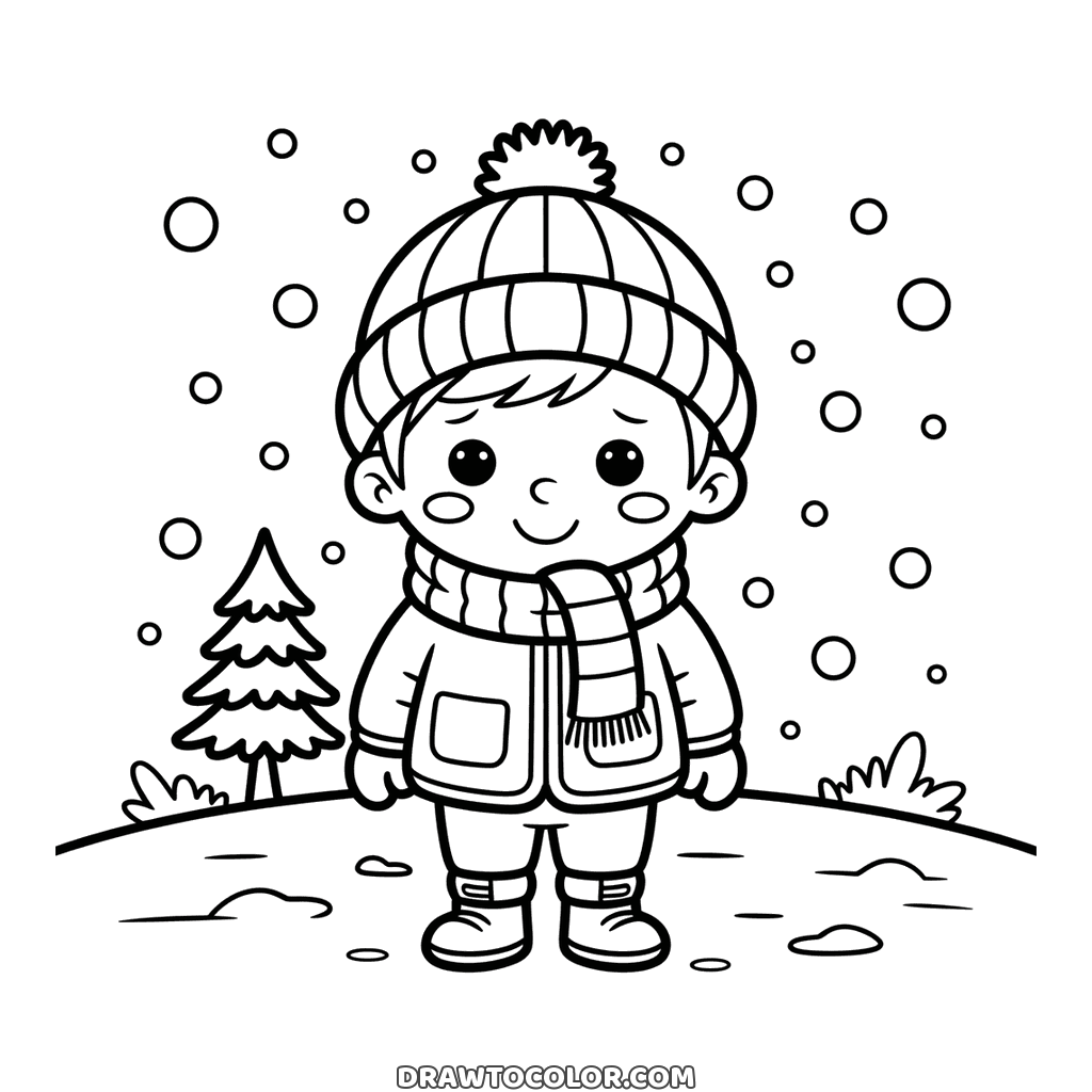 Niño con gorro de pompón, bufanda y botas de invierno, dibujo sencillo listo para imprimir