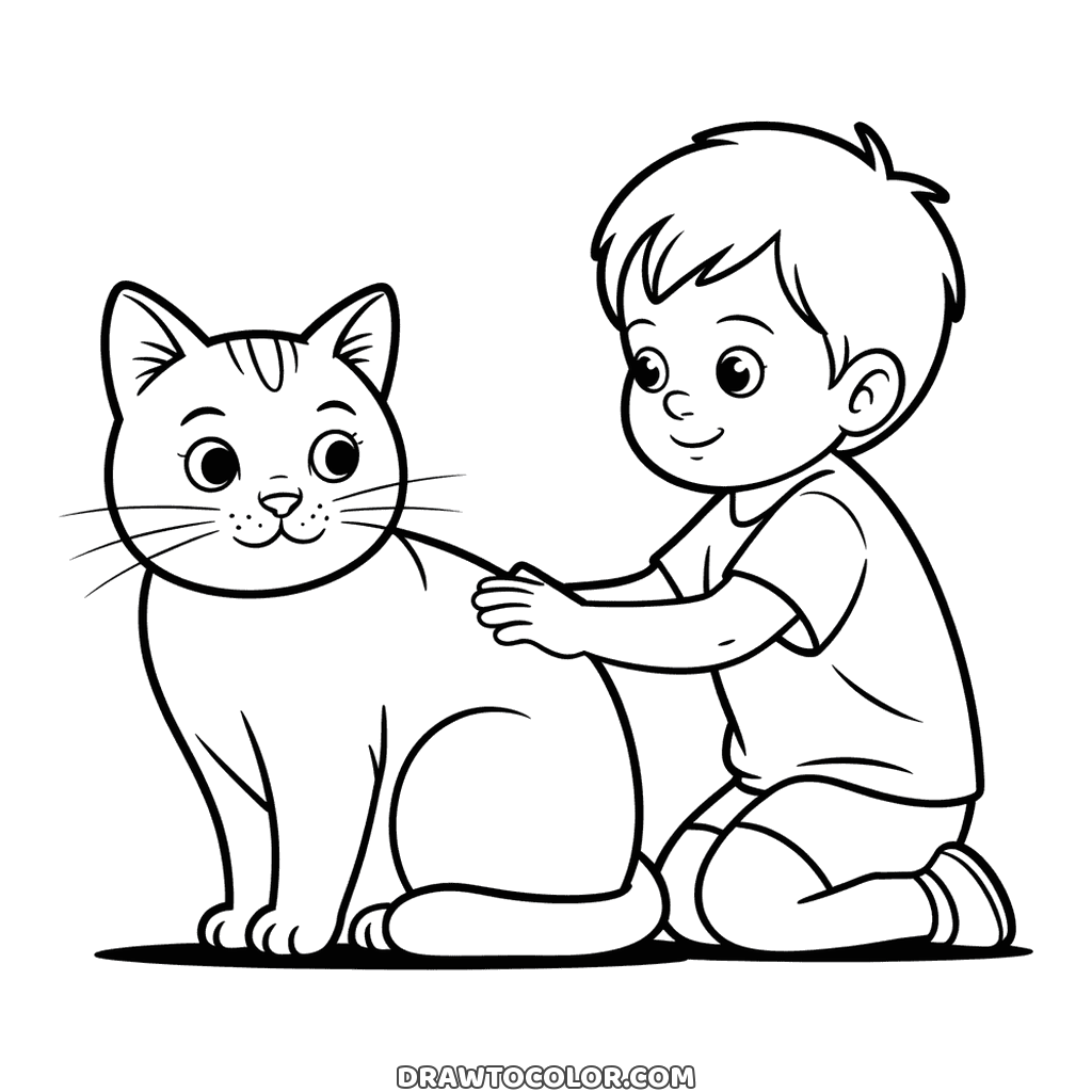 Boy kneeling to stroke a big tabby cat on the back, a printable coloring page about pets