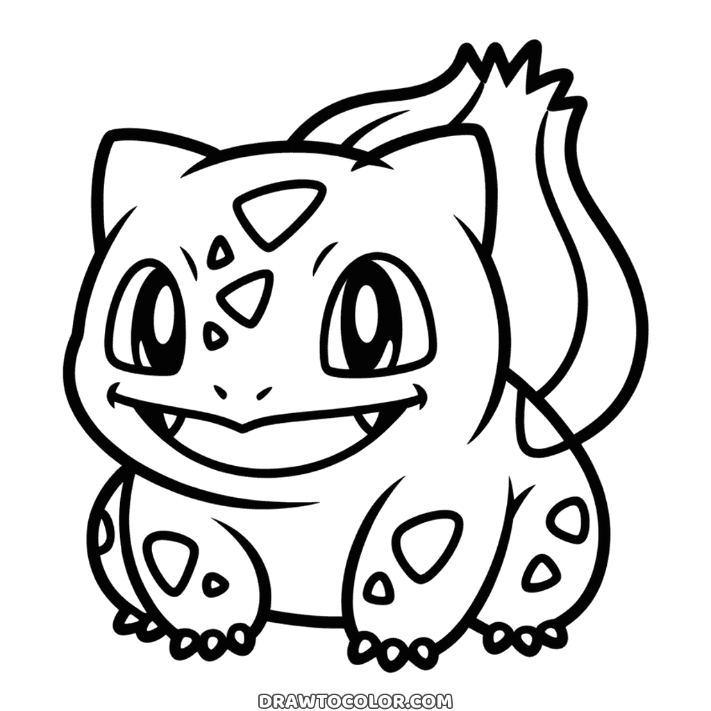 Smiling Bulbasaur Pokémon crouching on four legs with spots on its skin and the bulb on its back, to color