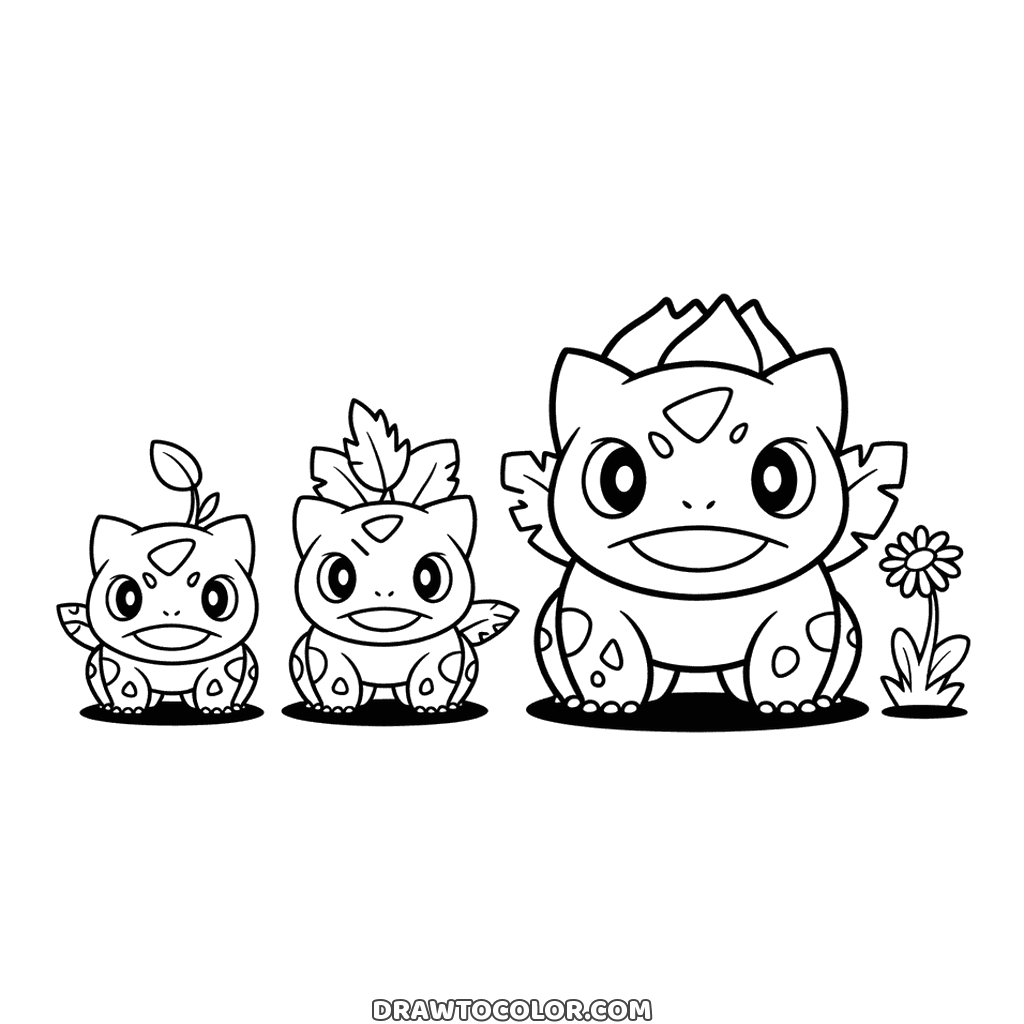 Printable Pokémon coloring page of Bulbasaur, Ivysaur and Venusaur in a row from smallest to biggest