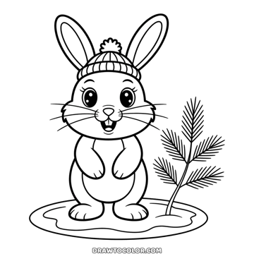 Bunny wearing a pompom beanie in winter, standing on snow beside a pine sprig, a simple drawing to color