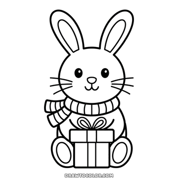 Conejo de orejas largas con bufanda de punto, sentado detrás de un regalo, dibujo fácil de Navidad para peques
