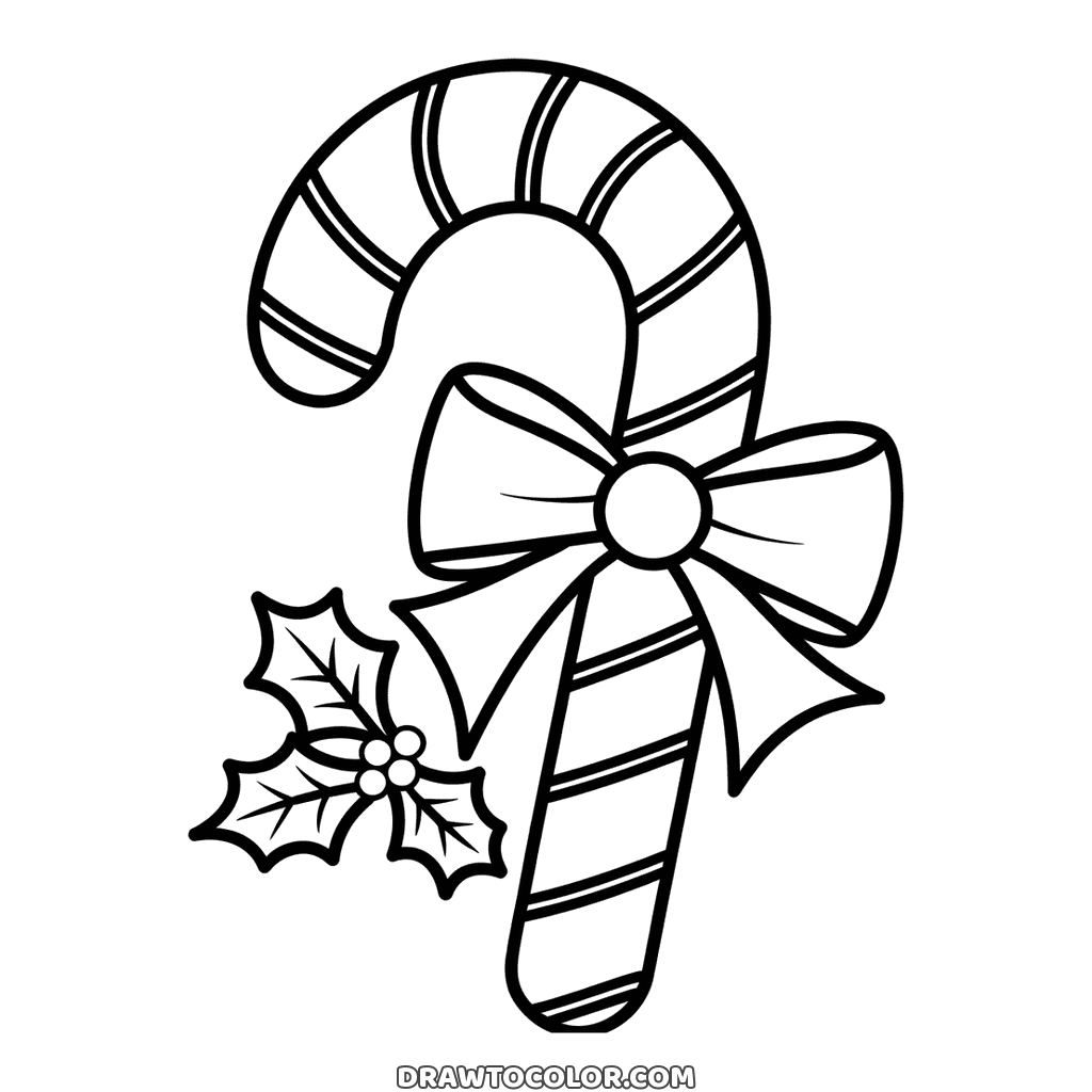 Christmas candy cane coloring page with a big bow and holly berries, stripes ready for red