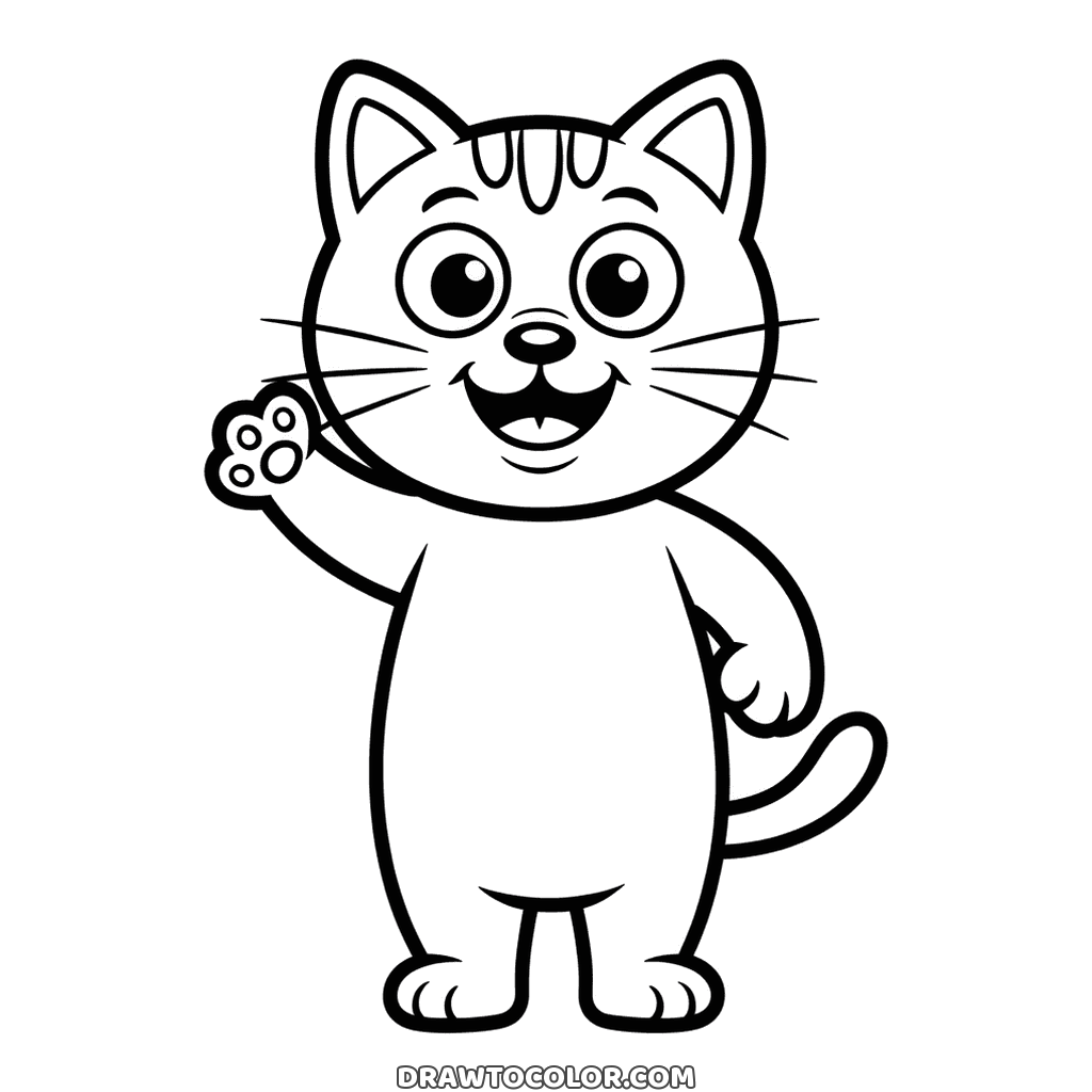 Cartoon cat waving hello with a toothy grin, one paw on its hip, a printable for little kids
