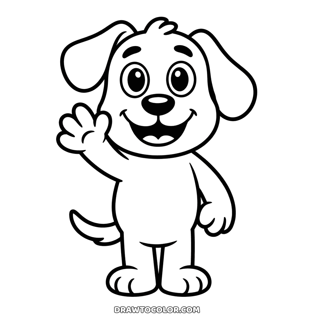 Perro animado para colorear que saluda con una pata, de pie sobre dos patas y con la boca muy sonriente