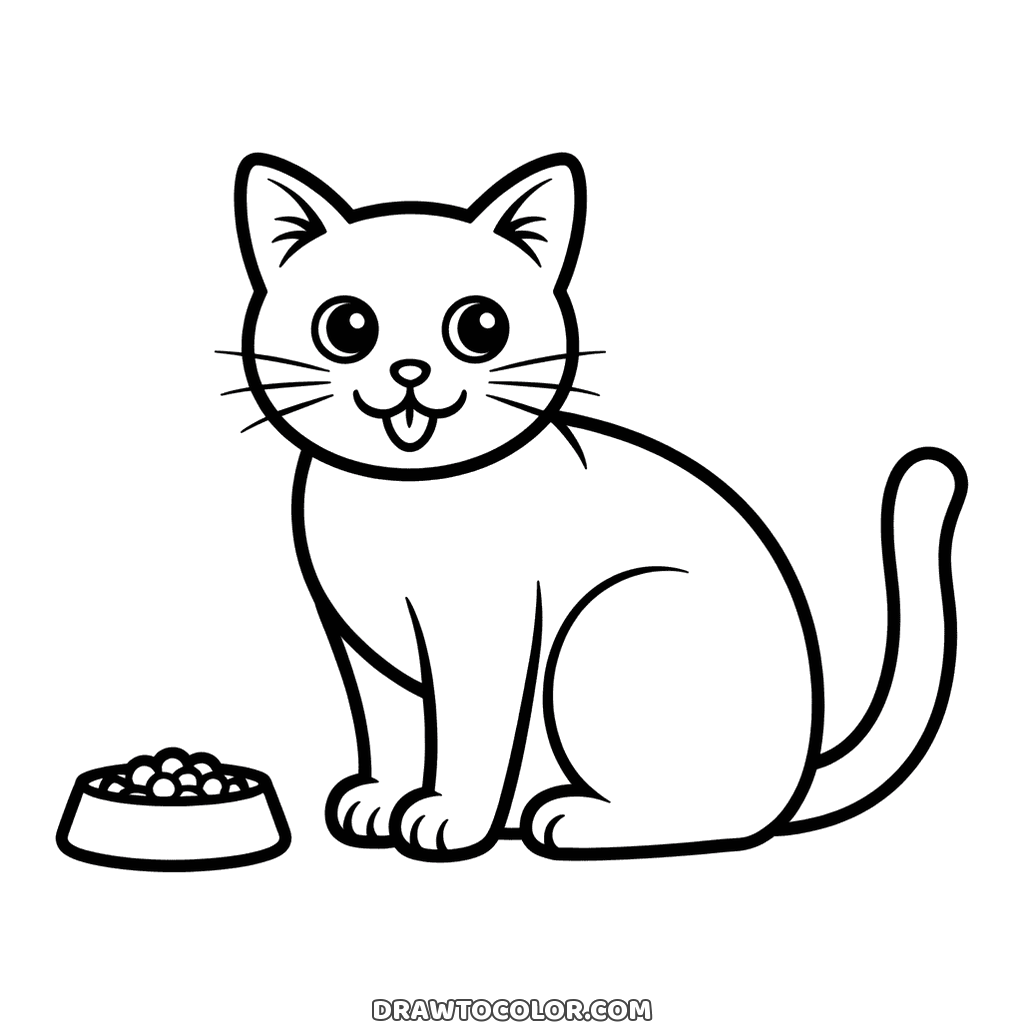 Cat sitting next to a bowl full of kibble, licking its lips, a coloring page for cat lovers