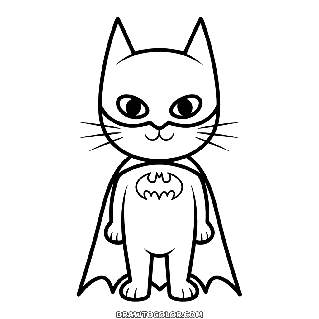 Cat dressed as Batman with a pointed mask, a long cape and the bat logo, coloring page