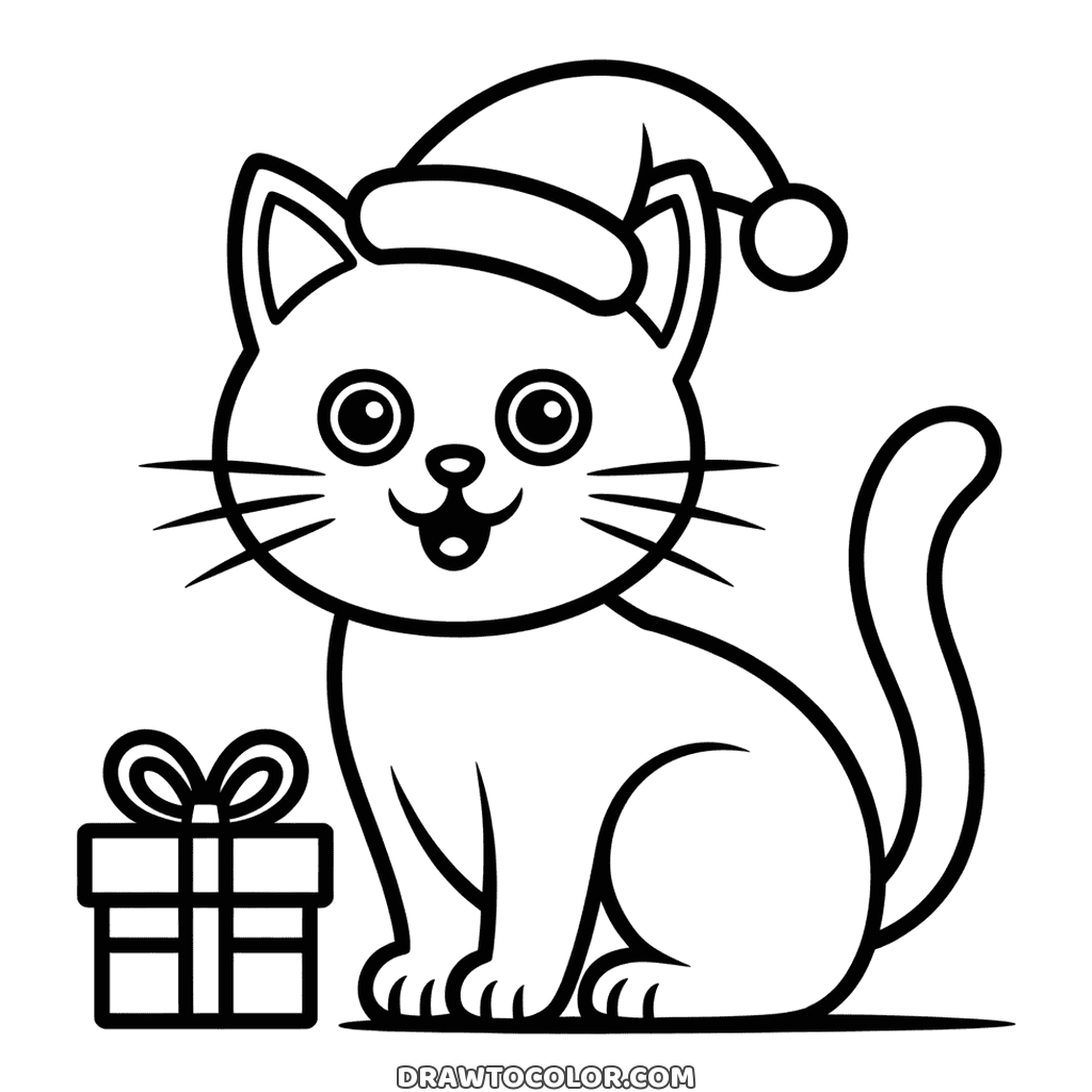 Christmas cat in a Santa hat sitting next to a wrapped present, a coloring sheet for December