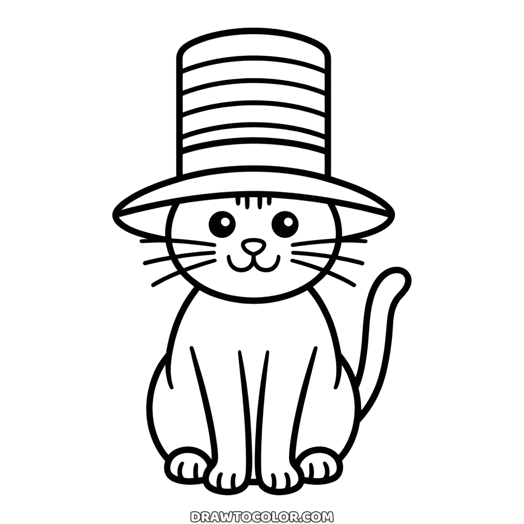 Easy drawing for preschool kids: a smiling cat sitting under a tall striped top hat