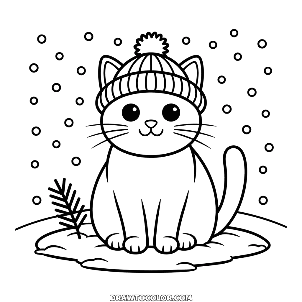 Gato sonriente con gorro de pompón acanalado sentado en la nieve junto a una ramita de pino, dibujo invernal