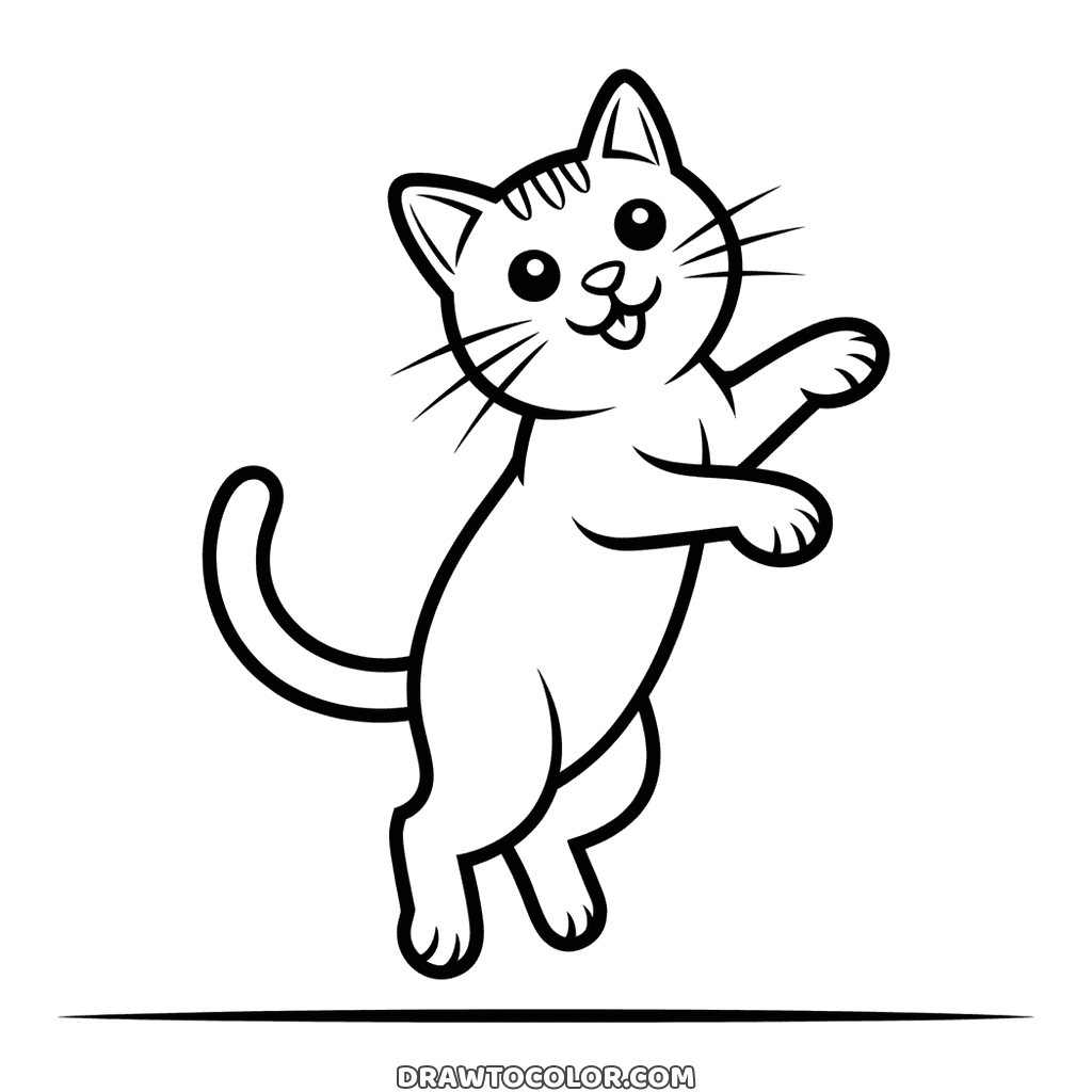 Happy cat jumping in the air with its front paws reaching out and its tail curled, to color