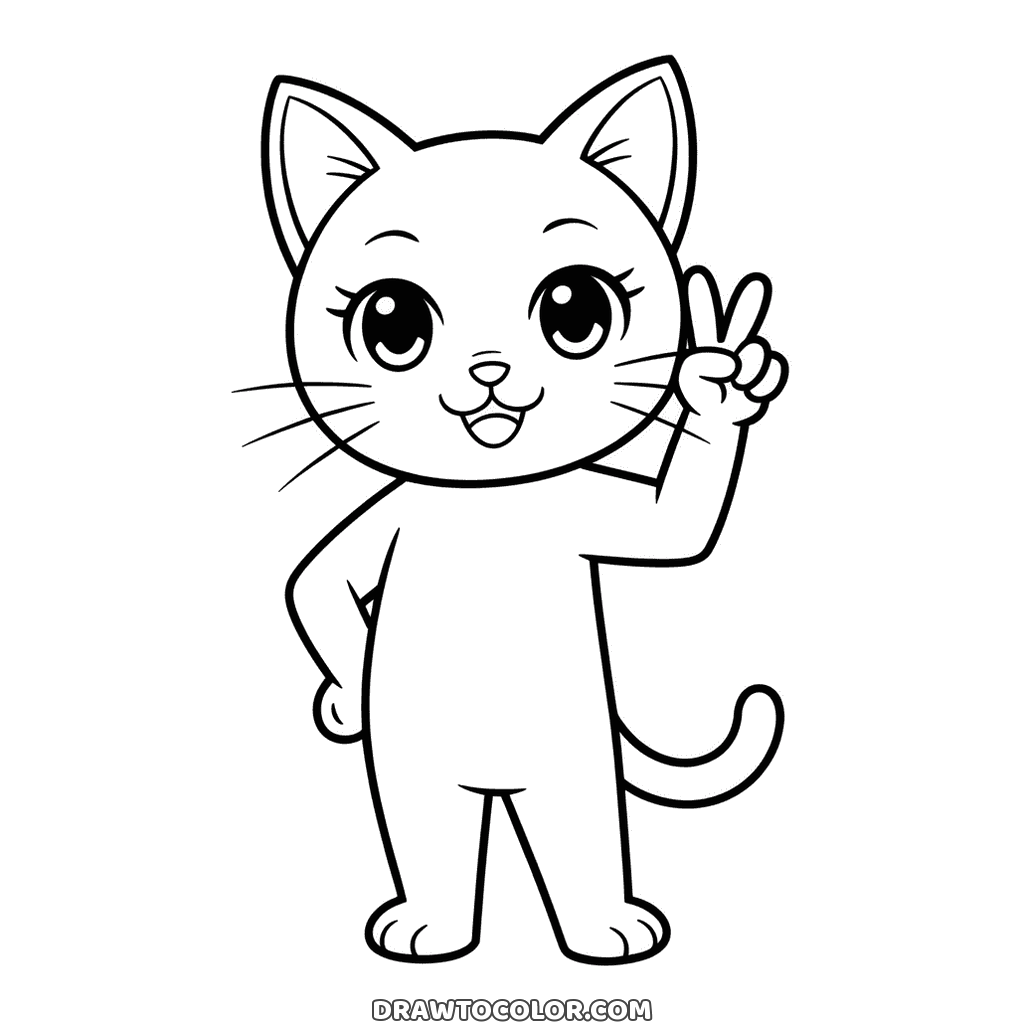Cat with long lashes standing on two legs and making a peace sign, a coloring page to print