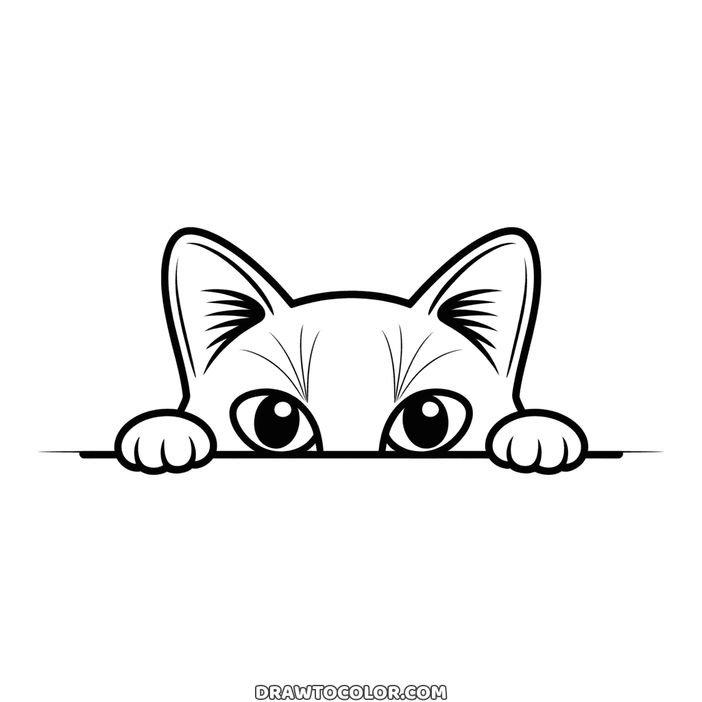 Only the ears, eyes and two paws of a cat peeking over a ledge, a simple drawing to color