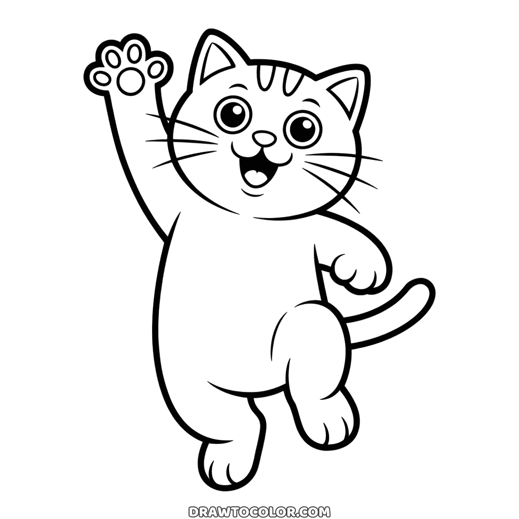 Printable cat dancing on one leg, a front paw raised high to show its round toe pads