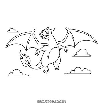 Big Charizard Pokémon flying between four clouds with wings spread and a flame on its tail, to color